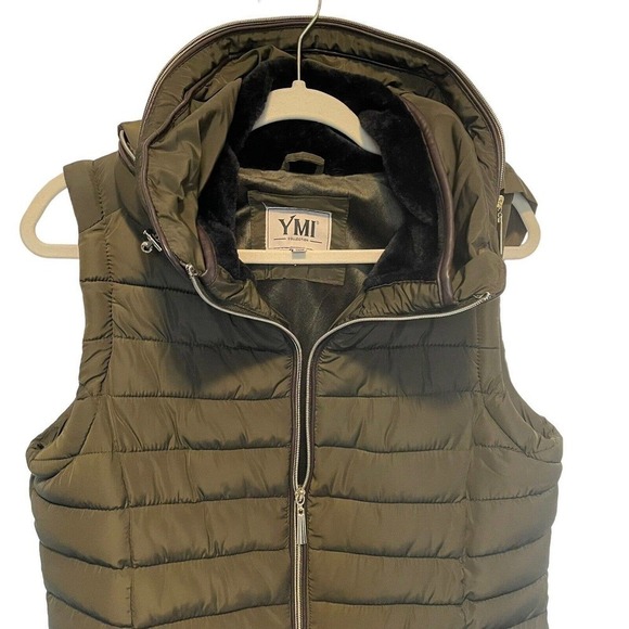 YMI Collection Olive Polyester Faux Fir Lined Women's Hooded Quilted Vest Sz Med - Picture 6 of 15